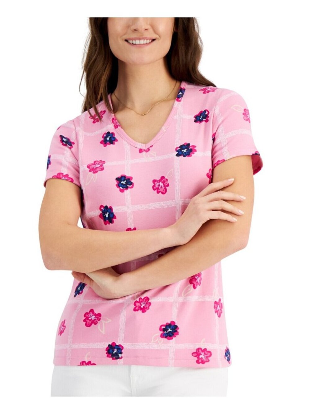 NWT Karen Scott Trellis V-Neck Short Sleeve Knit Top Rose Glow Pink Multi XL